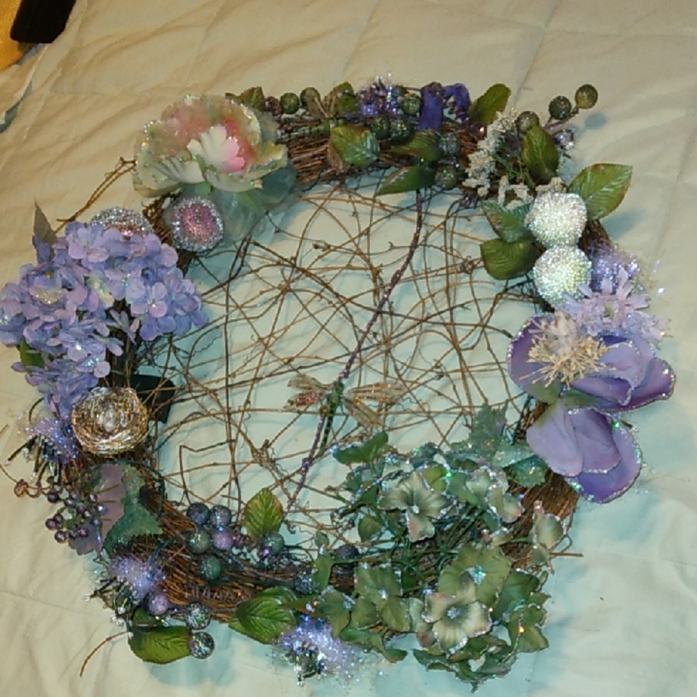 Kirk's Folly Glitter Hydrandga, Dragonfly, Birds Nest & Berries DecorativeWreath